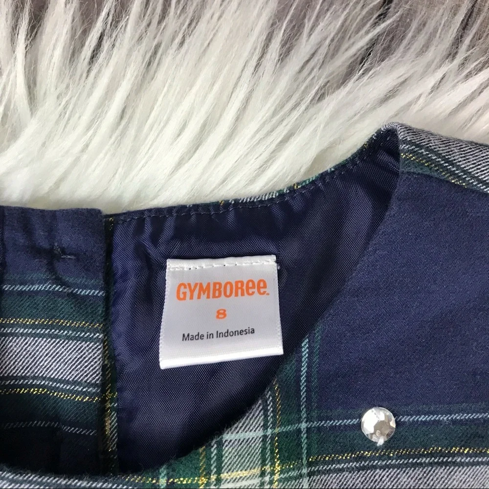 Gymboree Holiday Christmas Short Sleeve Embellished Plaid Dress Navy Blue Size 8